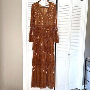 Rust Orange Copper Sequin Long Sleeve Tiered Wedding Guest Gown Maxi Dress